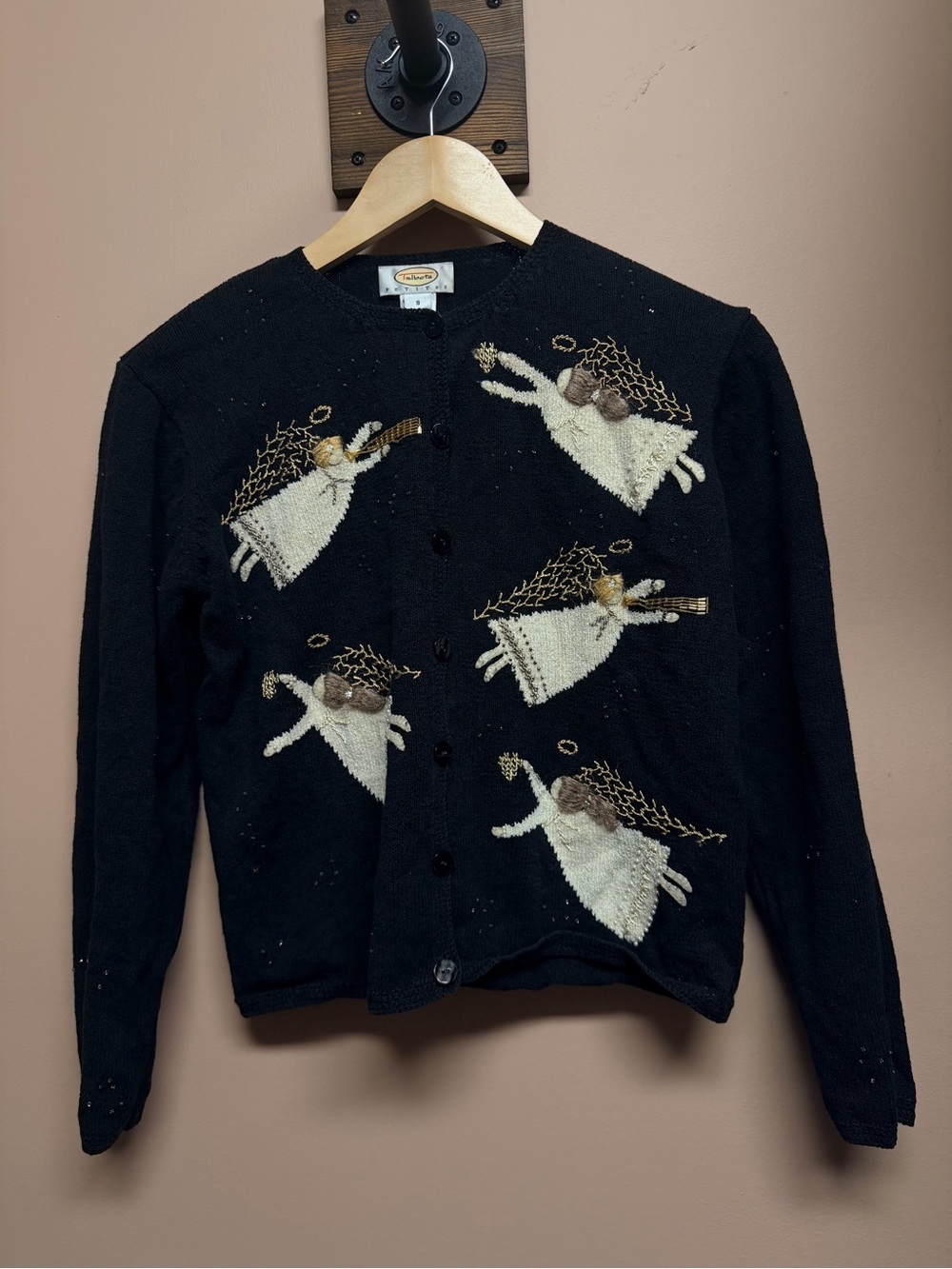 Talbots Black Cardigan with Embroidered Angels
